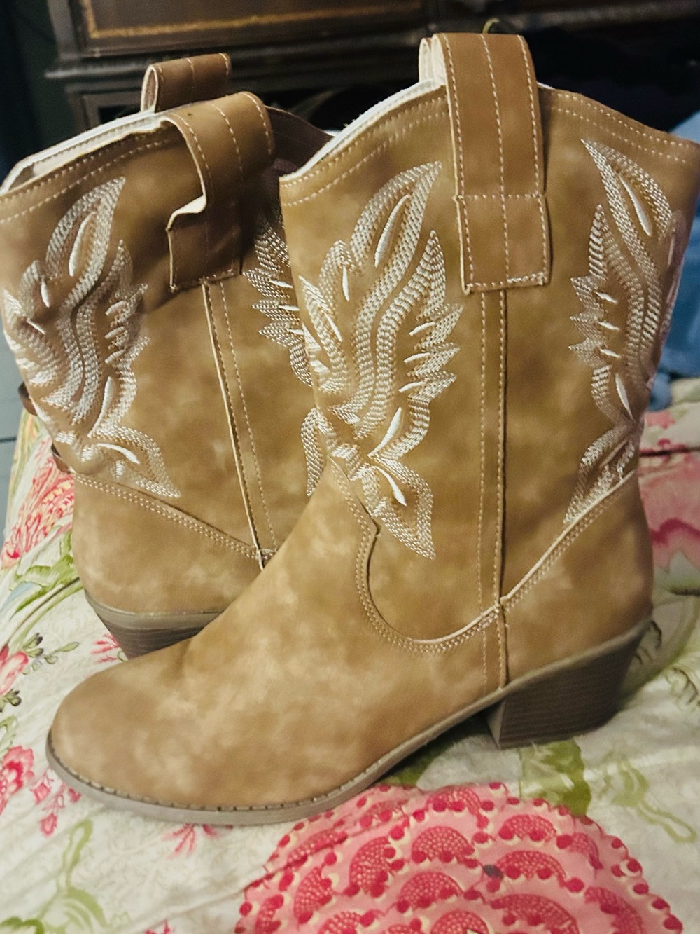 Women's Tan Western Embroidered Ankle Boots